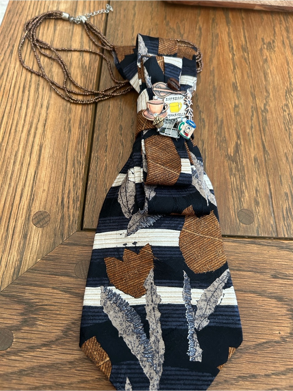 Brown & Navy Floral-Striped tie Necklace Unbranded